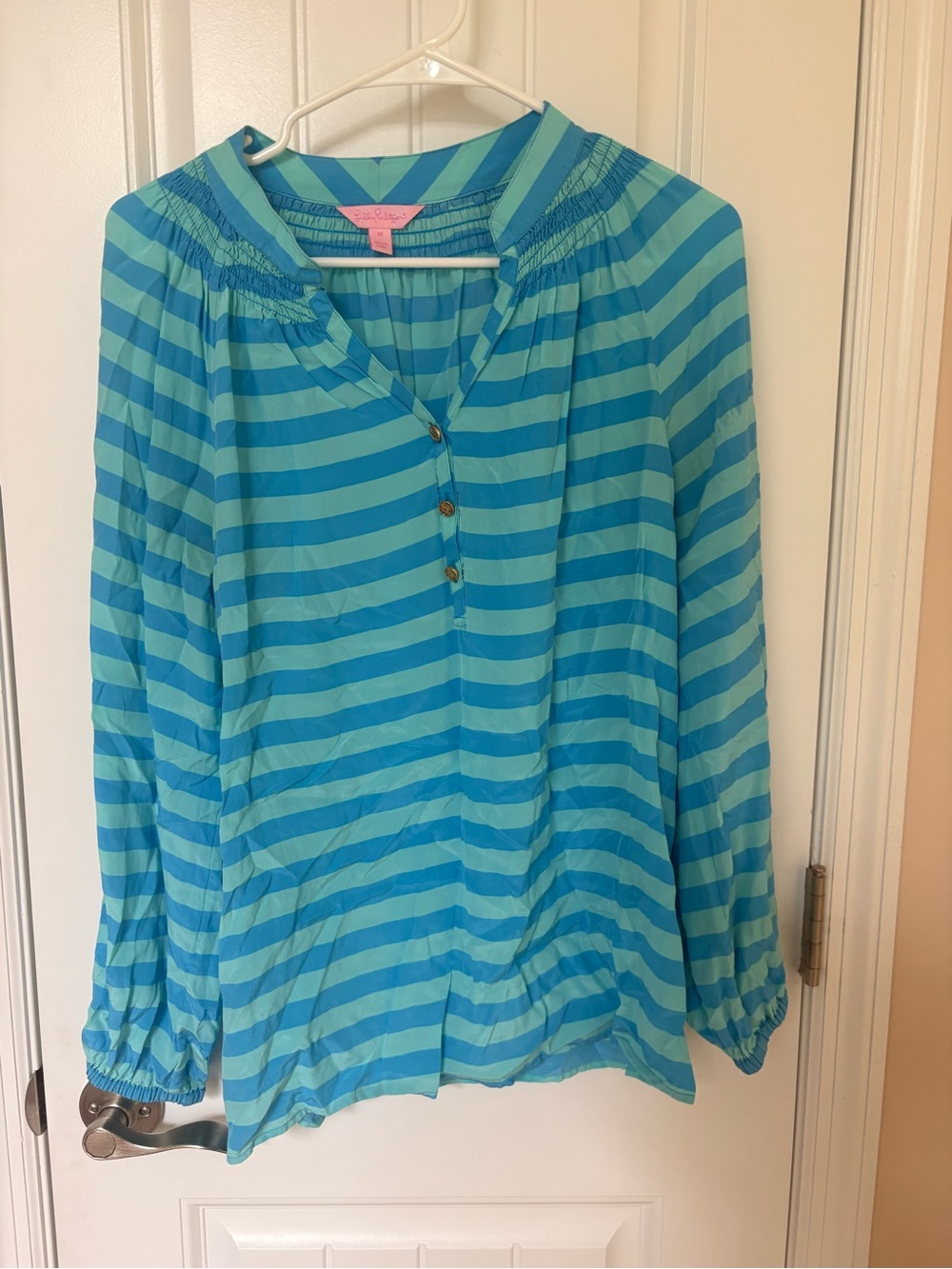 Lilly Pulitzer Elsa Silk Turquoise and Teal Starboard Striped Long-Sleeve Blouse
